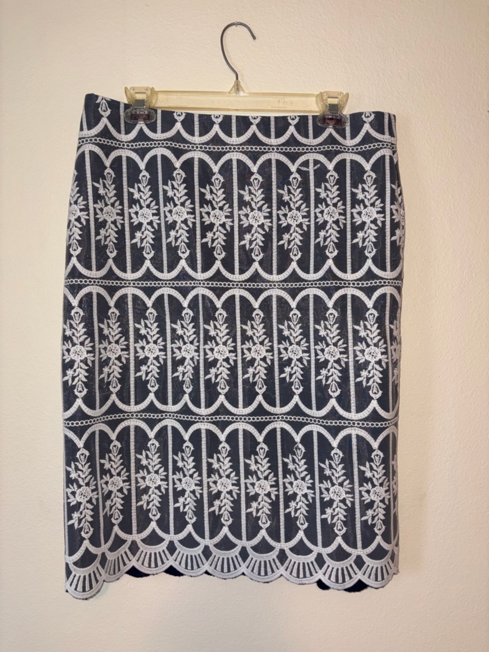 DownEast Blue Pencil Skirt with White Floral Lace Overlay
